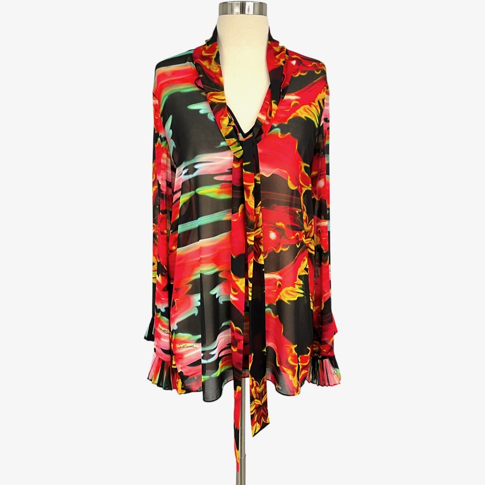 Just Cavalli Blouse Womens 40 Red Floral Print Sheer Pleated Cuff Tunic Top